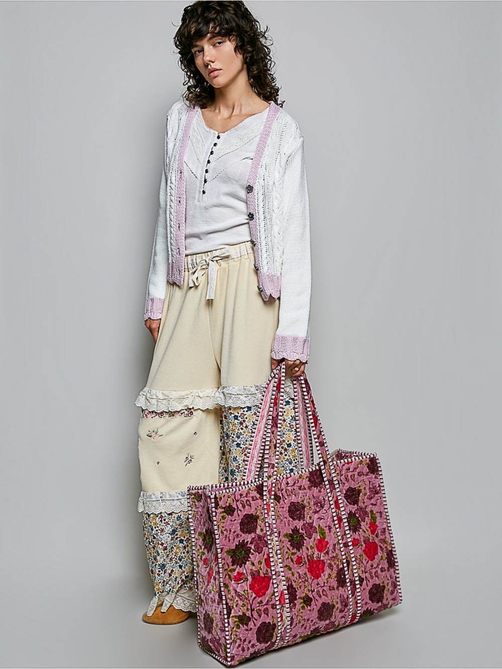POL Pink Plum Floral Quilted Velvet Tote Bag | Oversized Shopper - Picture 2 of 7